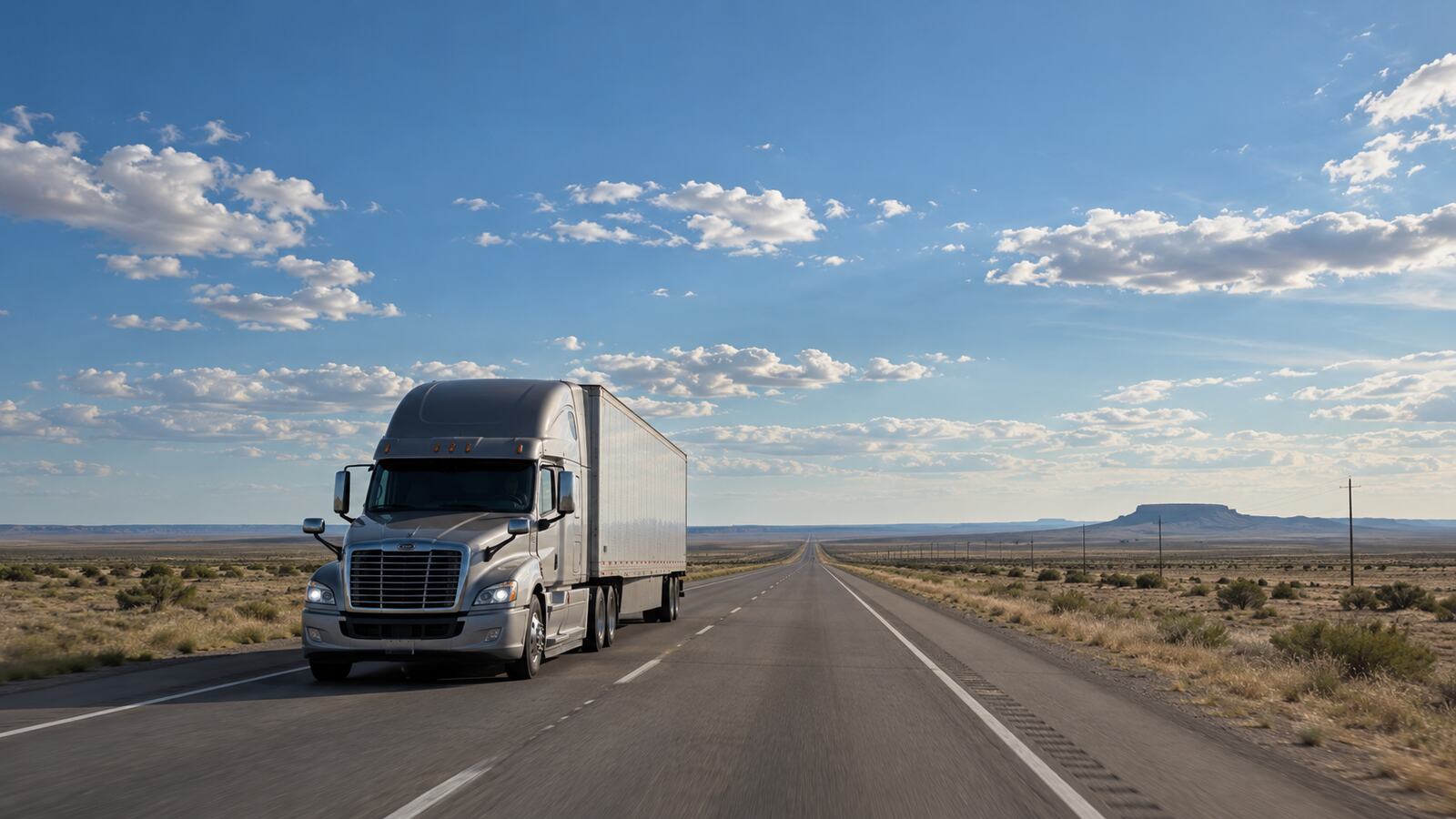 A silver semi truck on a long open highway running to the horizon.
