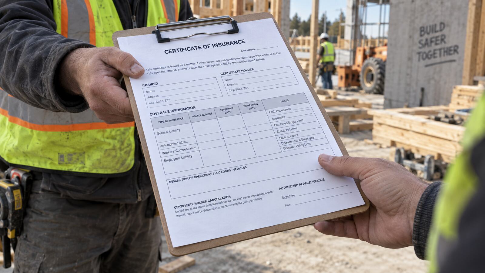 A certificate of insurance on a clipboard at a construction site.