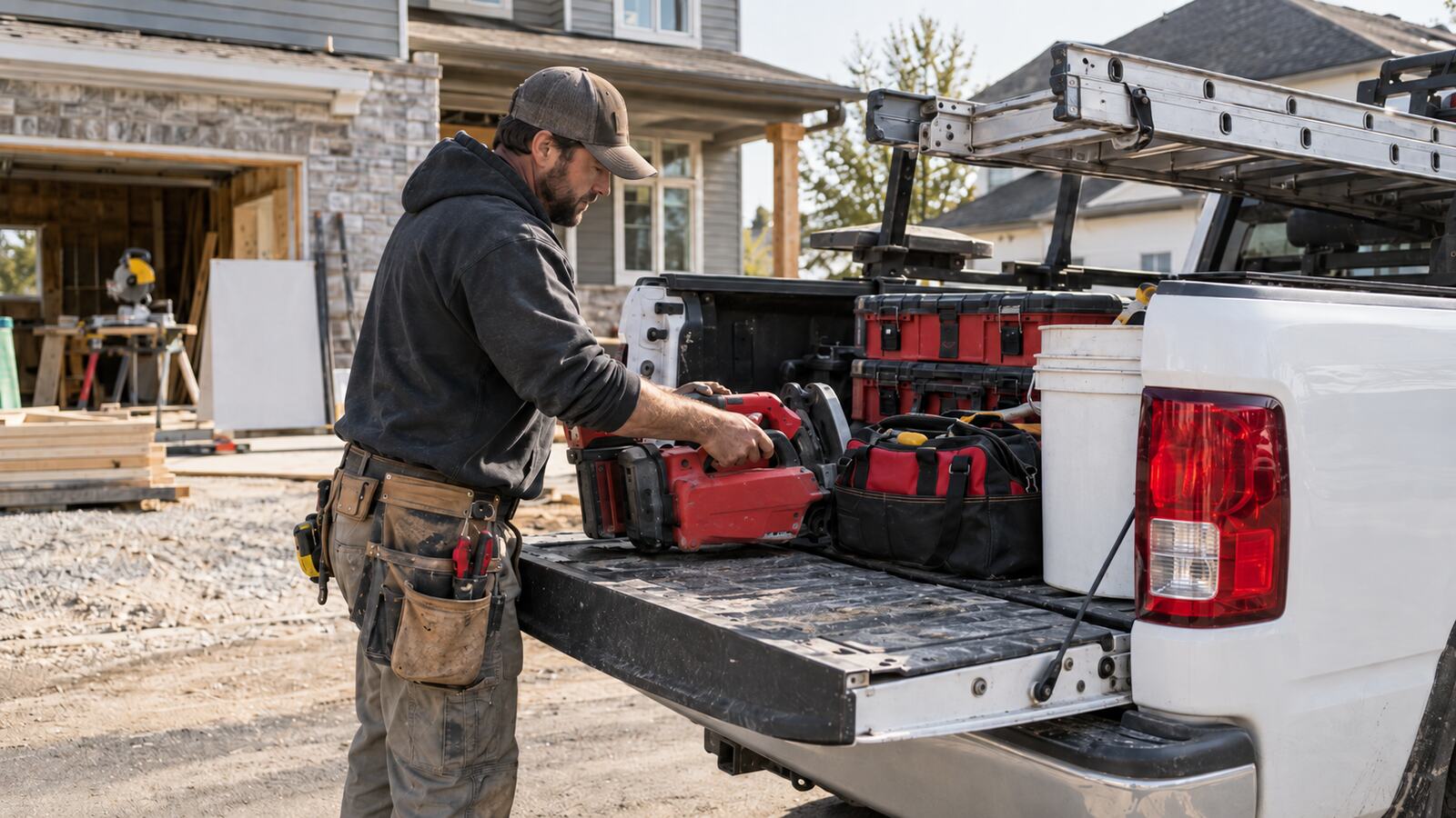A contractor loading tools into the bed of a work truck at a jobsite.