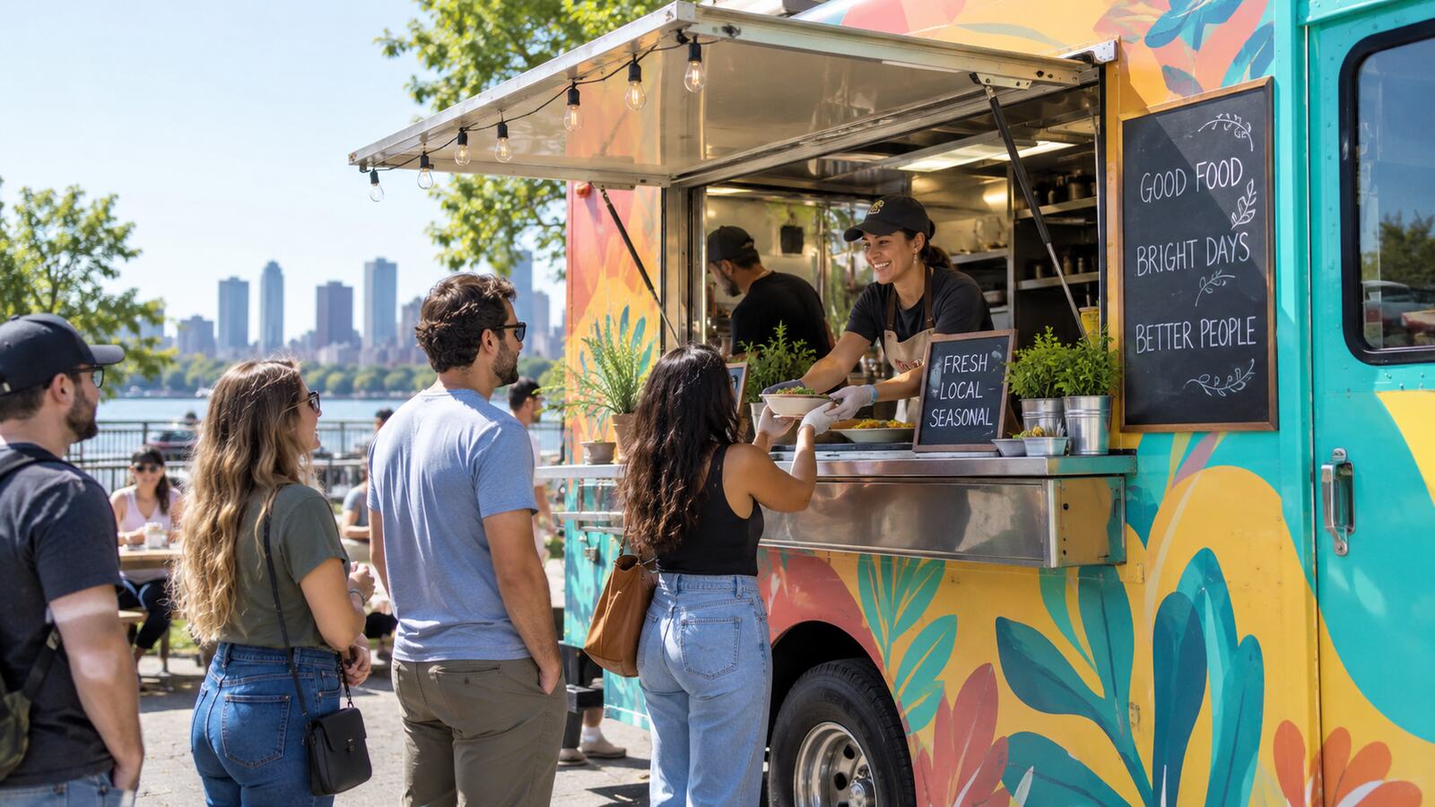 Customers standing in line at a food truck on a sunny waterfront.
