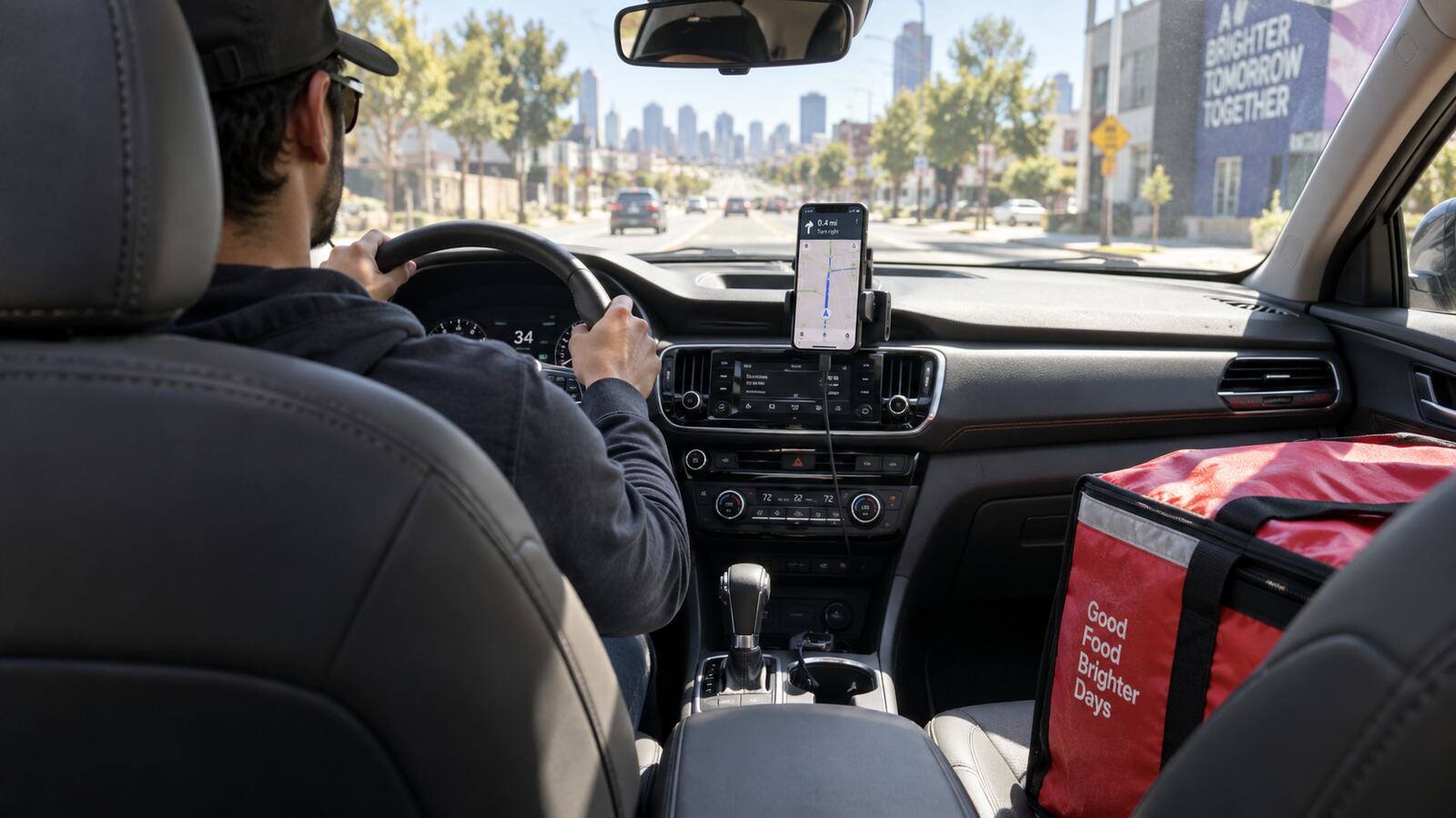 A driver making a delivery run through city traffic.