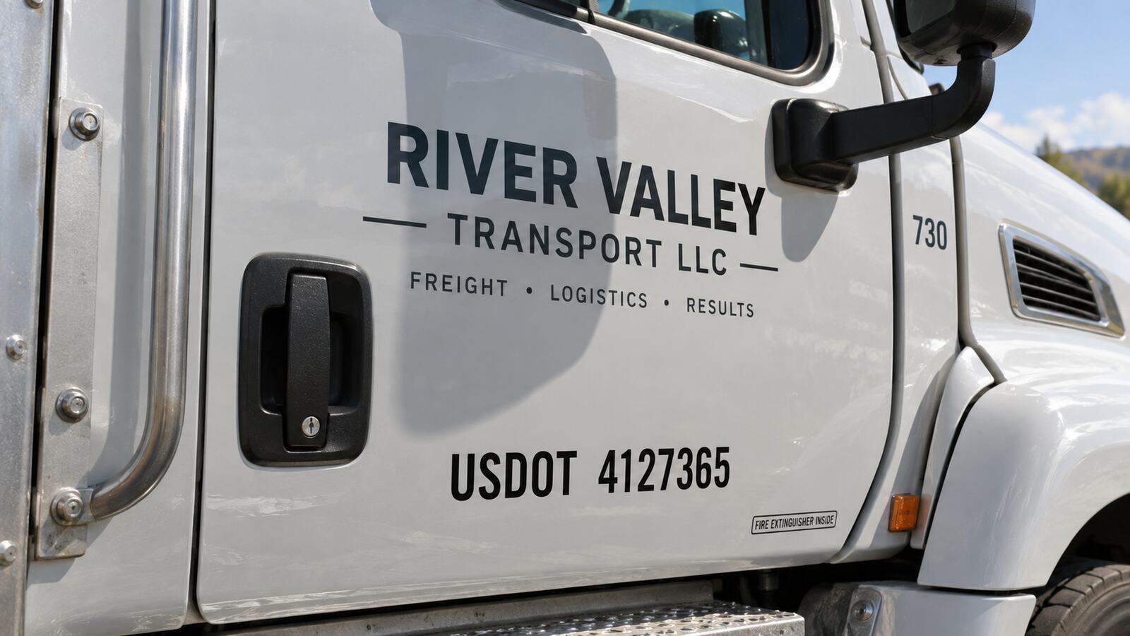 A close view of a DOT number lettered on the door of a truck.
