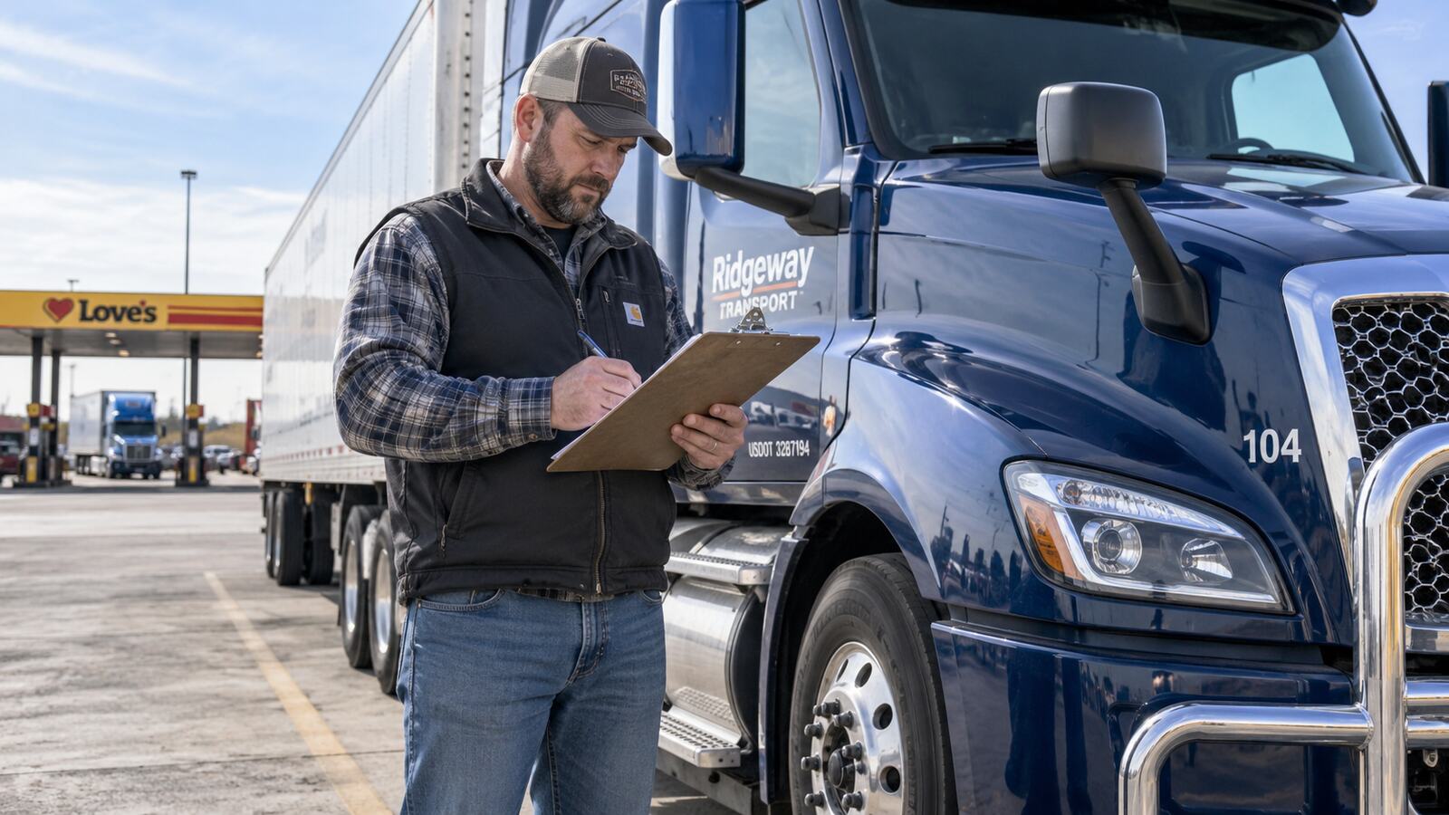 A driver reviewing paperwork on a clipboard at a truck stop.