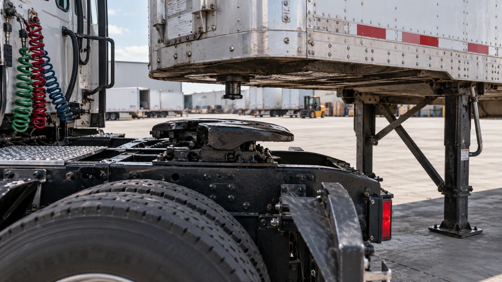 A close view of the fifth wheel coupling between a semi truck and its trailer.