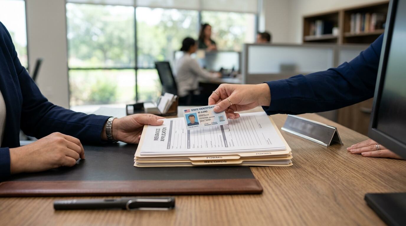 A close view of a hand sliding an identification card across a counter.