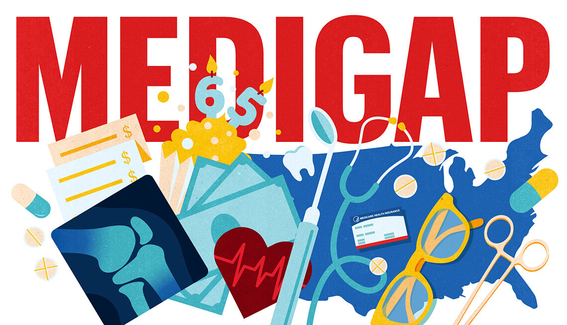 Illustration of the word Medigap above a map of the United States, a stethoscope, a Medicare card and a cake with 65 candles.