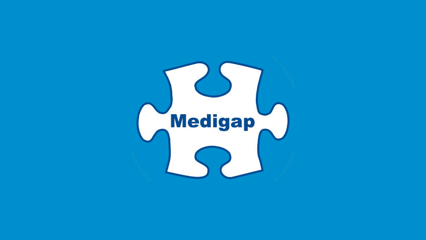A single white puzzle piece reading Medigap on a bright blue background.