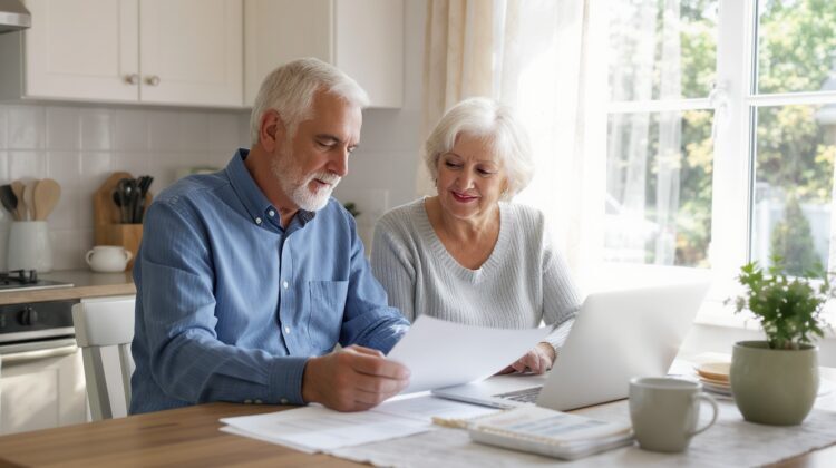 An older couple at a kitchen table reading paperwork beside an open laptop.