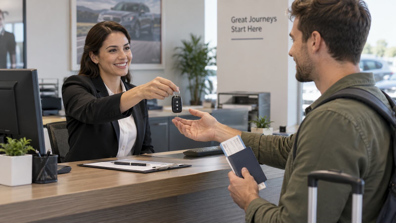 A rental agent handing car keys across a counter to a customer.