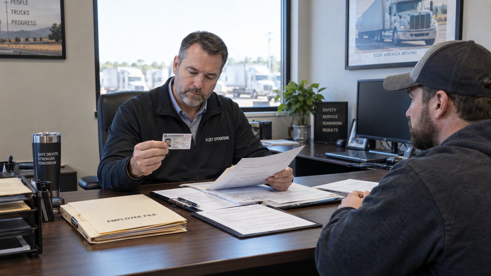 Two people reviewing fleet paperwork at a desk.