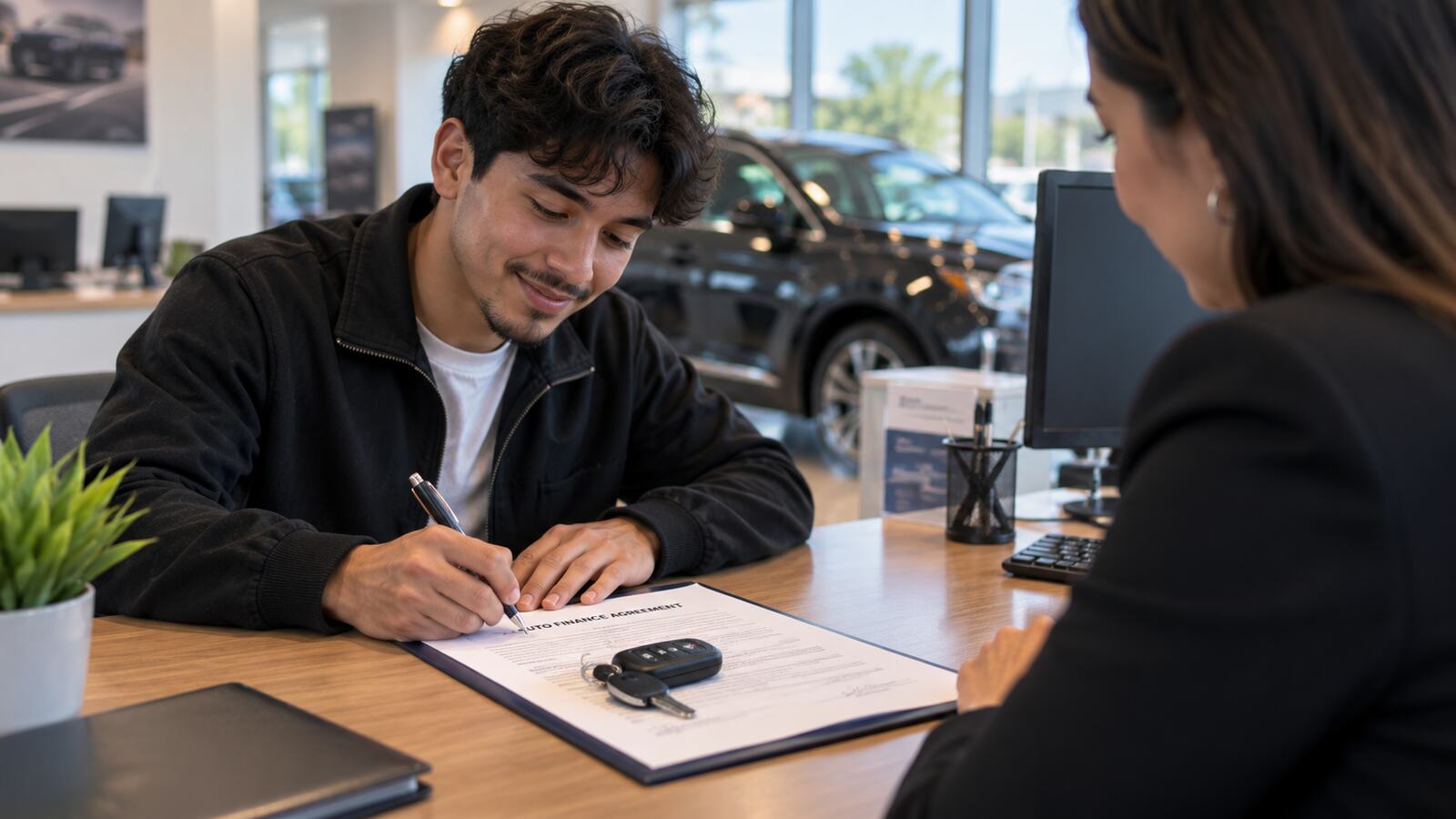 Two people signing a finance agreement across a desk, with car keys resting on the papers.