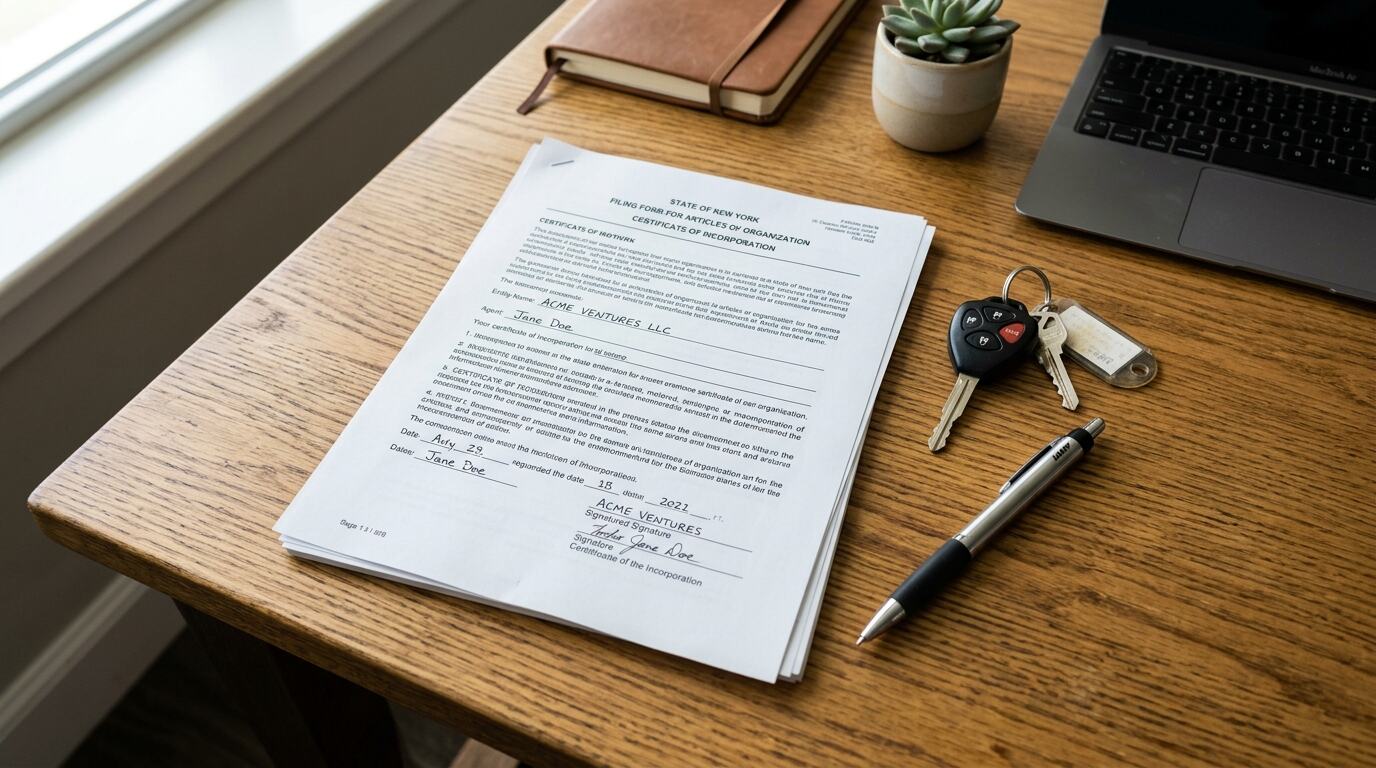 A top down view of a state filing form and a pen on a desk.