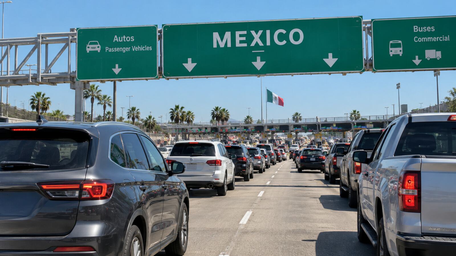 Lines of cars waiting to cross the border into Mexico.