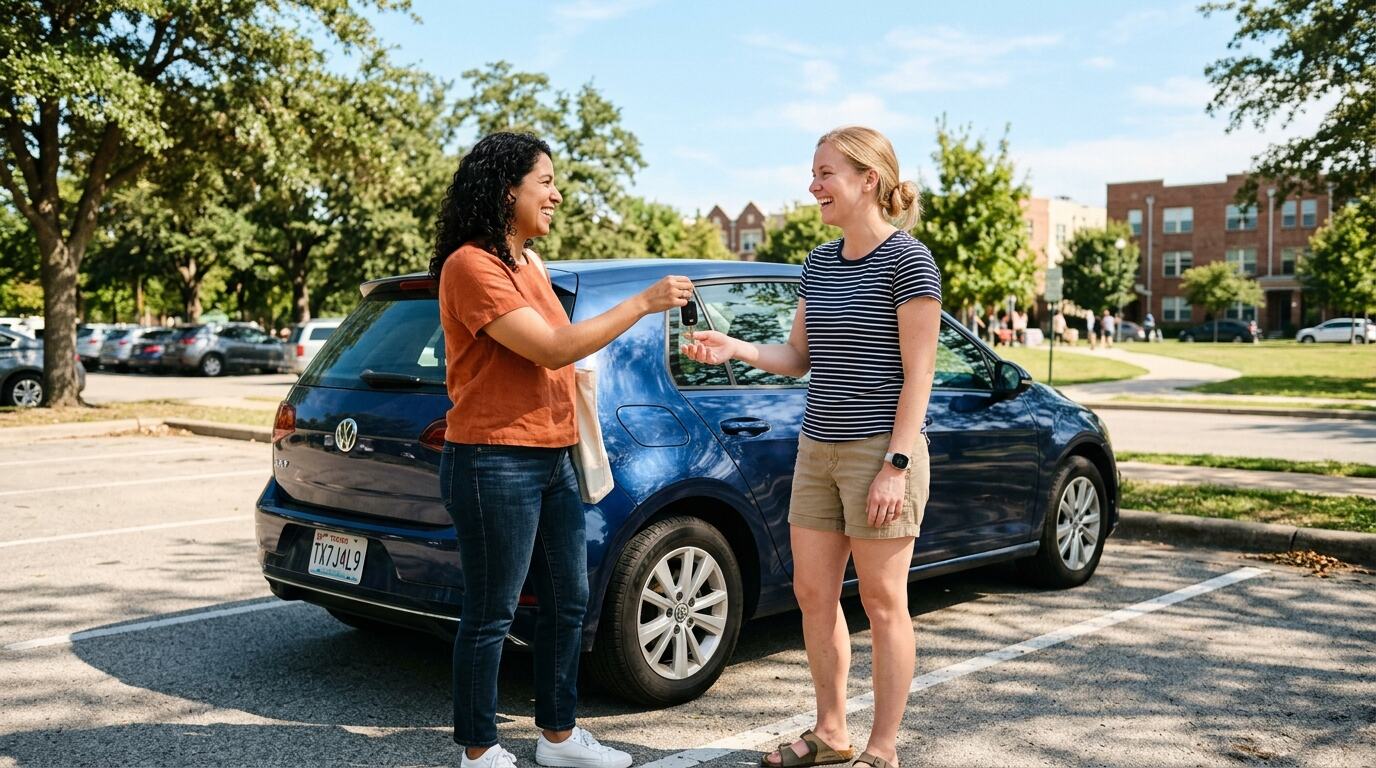 Two friends standing and talking beside a parked car on a sunny day.